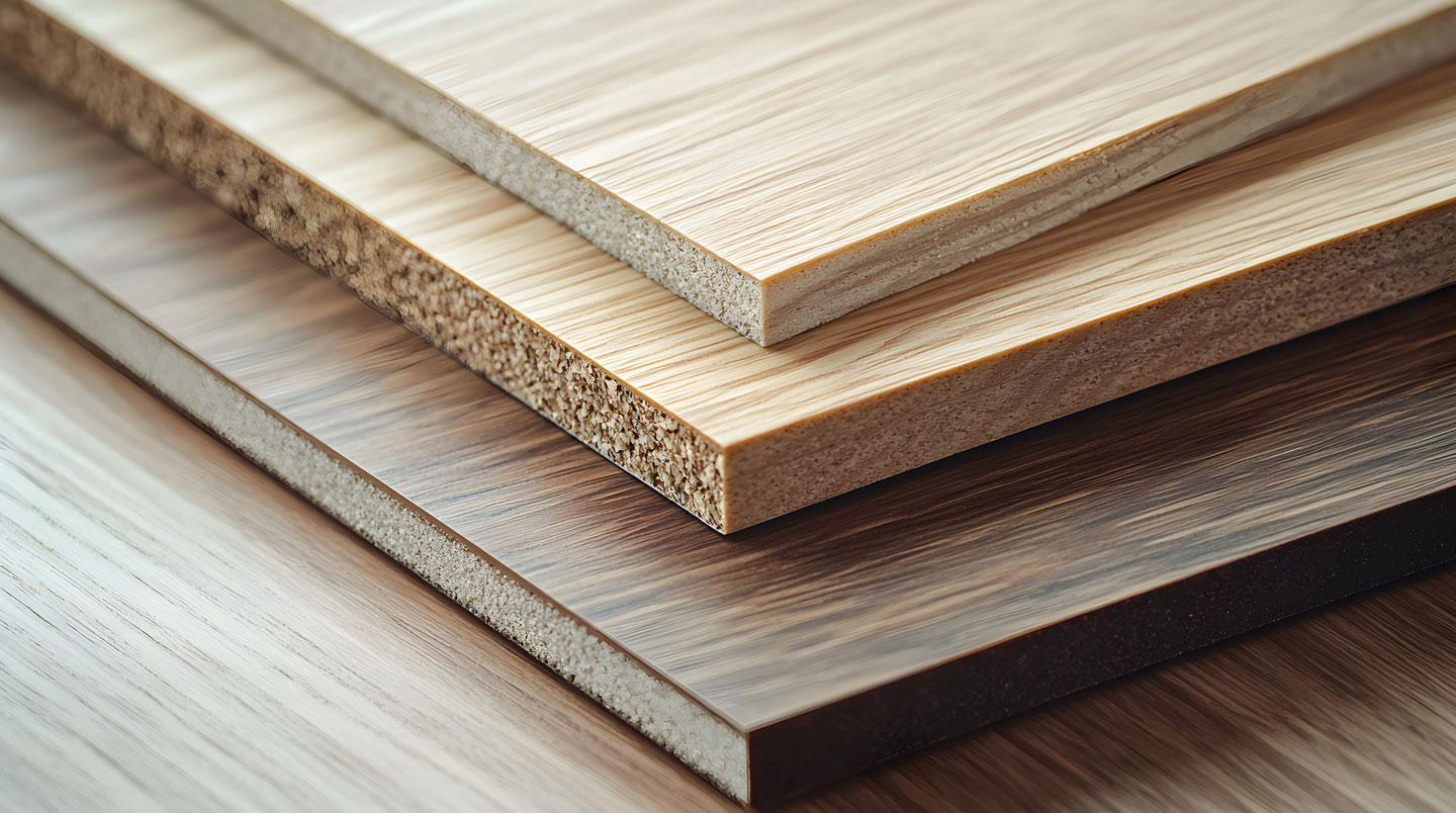 Gros plan macro sur la surface texturée d'un plateau de table en stratifié avec finition mate, lumière naturelle révélant le grain du matériau