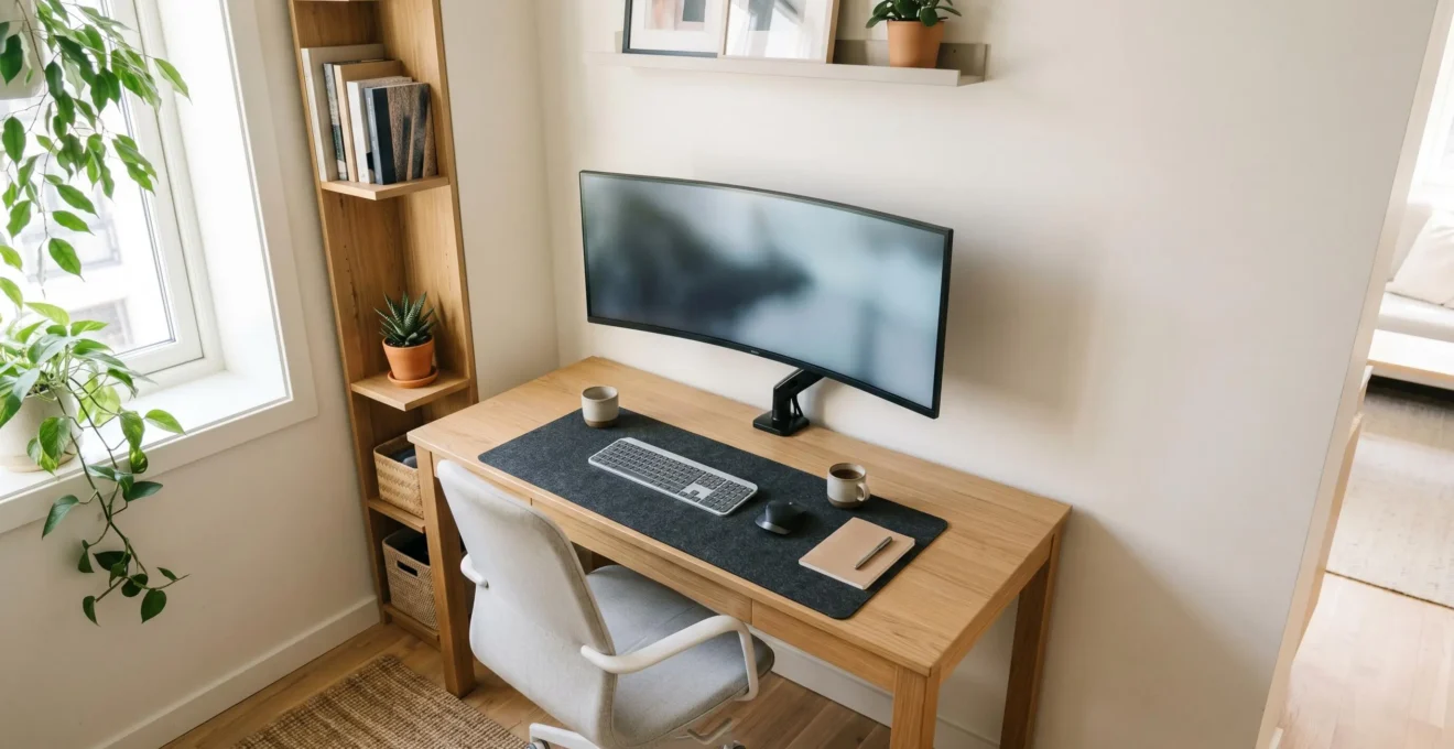 Espace de travail compact et minimaliste optimisé pour la productivité dans un petit bureau