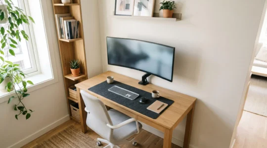 Espace de travail compact et minimaliste optimisé pour la productivité dans un petit bureau