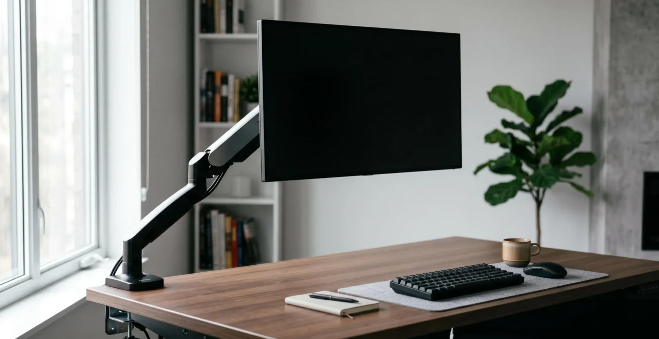 Bureau moderne avec bras articulé pour écran libérant l'espace de travail sous le moniteur
