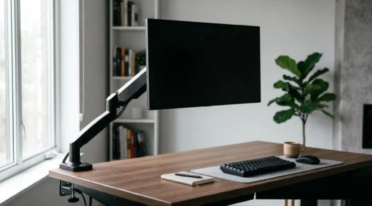 Bureau moderne avec bras articulé pour écran libérant l'espace de travail sous le moniteur