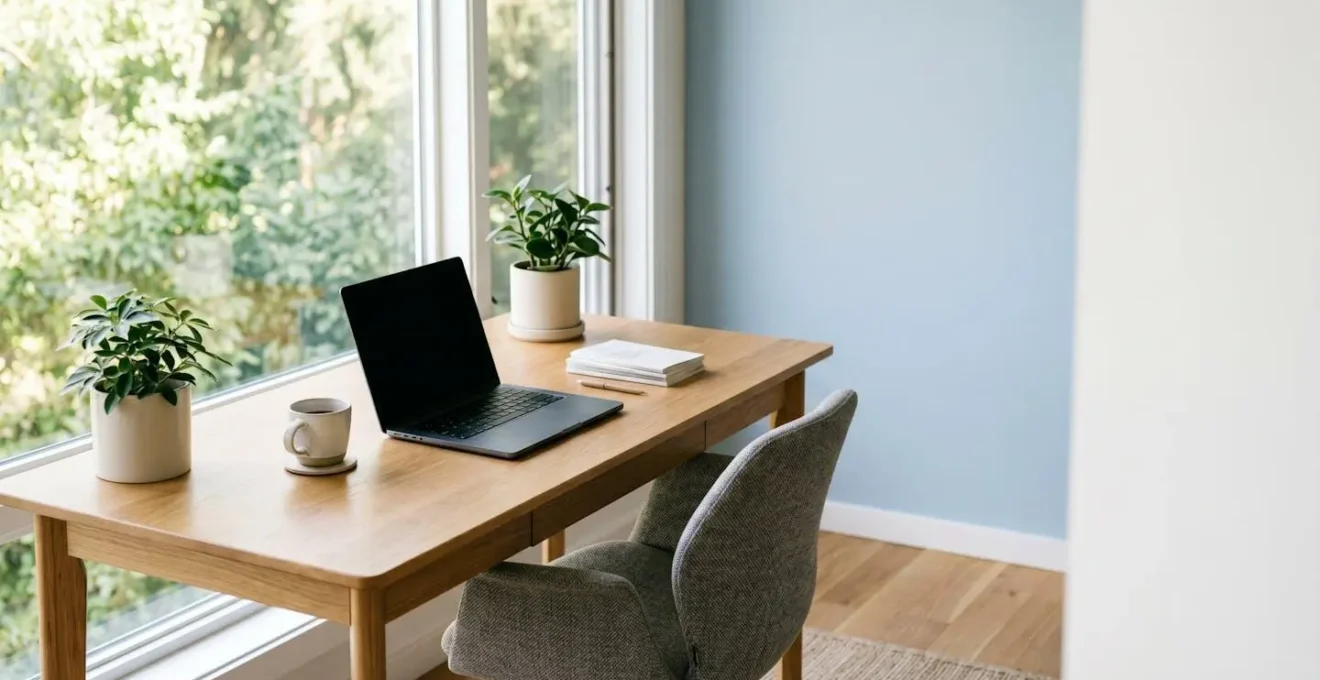 Espace de travail créatif et lumineux avec bureau ergonomique, éléments naturels et zonage fonctionnel inspirant la génération d'idées