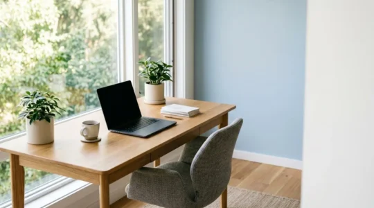 Espace de travail créatif et lumineux avec bureau ergonomique, éléments naturels et zonage fonctionnel inspirant la génération d'idées