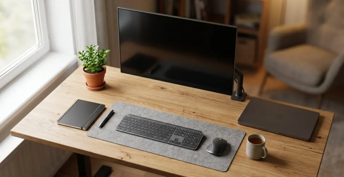 Configuration complète de bureau à domicile avec ordinateur, écran et périphériques ergonomiques sur un espace de travail organisé
