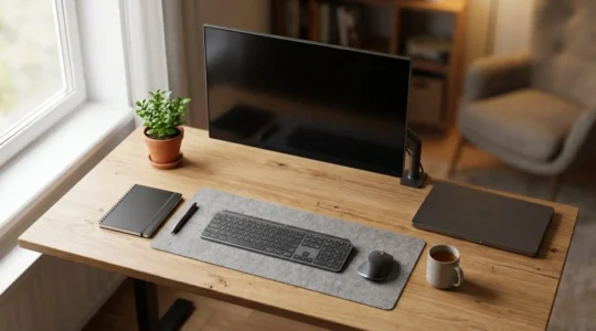 Configuration complète de bureau à domicile avec ordinateur, écran et périphériques ergonomiques sur un espace de travail organisé