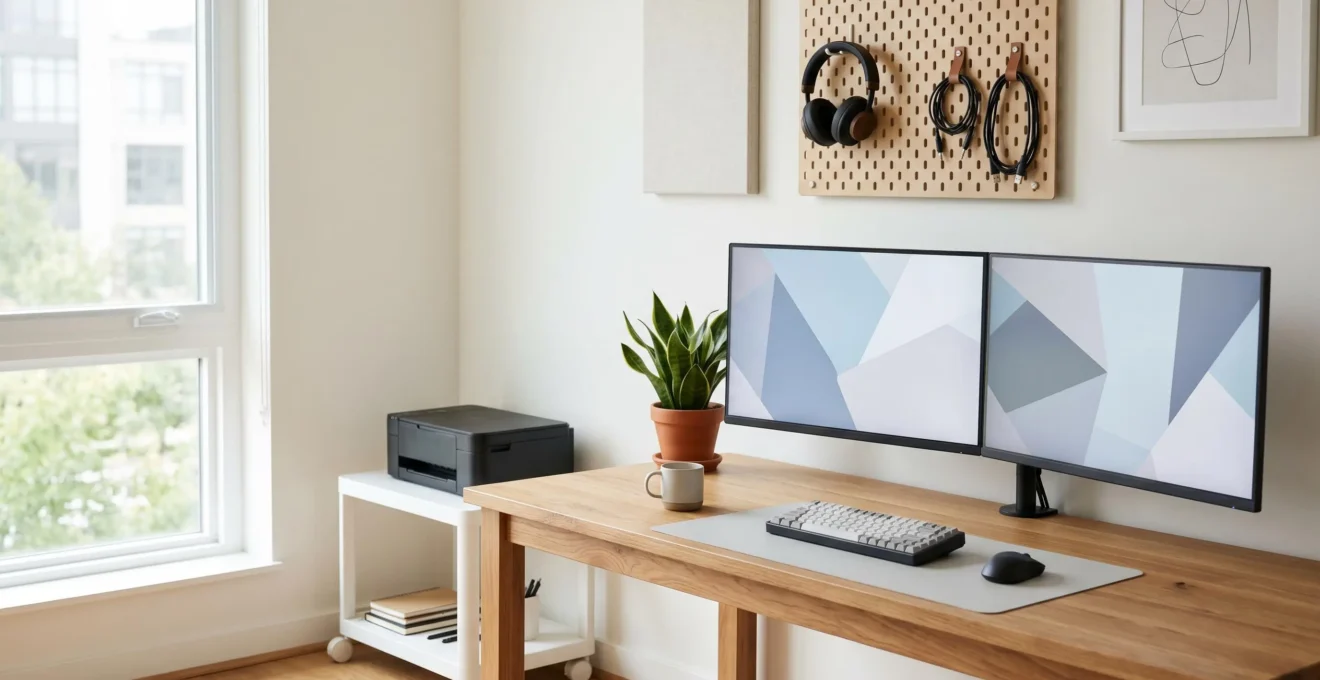 Bureau moderne avec configuration double écran et accessoires organisés dans un espace bien aménagé