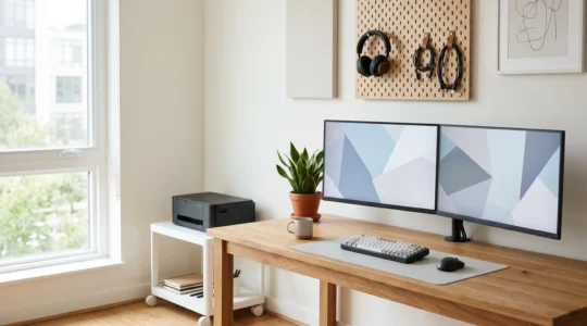 Bureau moderne avec configuration double écran et accessoires organisés dans un espace bien aménagé