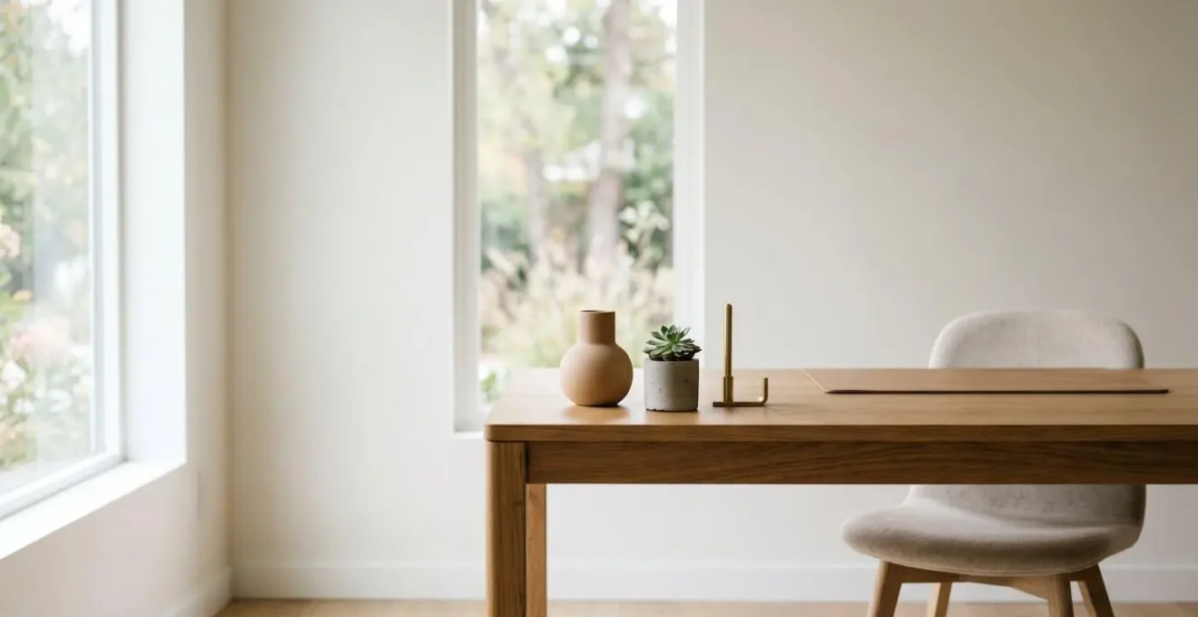 Espace de travail contemporain épuré avec décoration équilibrée et lumière naturelle