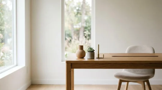 Espace de travail contemporain épuré avec décoration équilibrée et lumière naturelle
