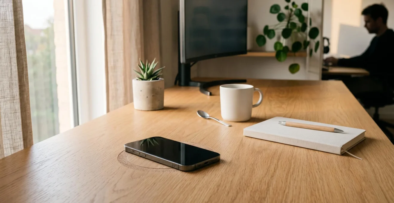 Bureau épuré avec chargeur sans fil invisible intégré sous la surface, espace de travail minimaliste sans câbles apparents