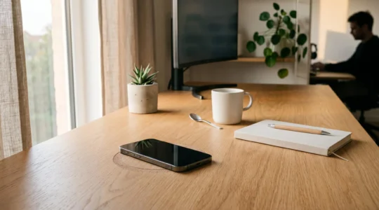 Bureau épuré avec chargeur sans fil invisible intégré sous la surface, espace de travail minimaliste sans câbles apparents