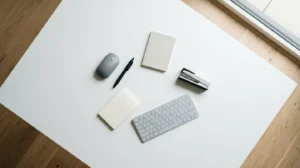 Vue aérienne d'un bureau de travail minimaliste avec cinq objets essentiels disposés en cercle rapproché pour une ergonomie optimale