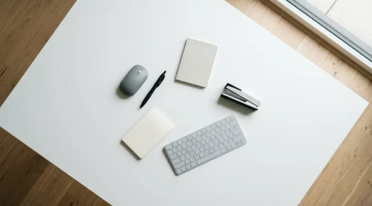 Vue aérienne d'un bureau de travail minimaliste avec cinq objets essentiels disposés en cercle rapproché pour une ergonomie optimale