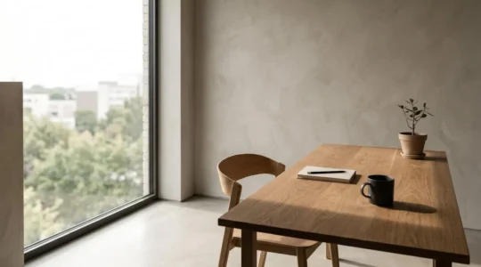 Poste de travail avec bureau positionné perpendiculairement à une fenêtre pour optimiser l'éclairage naturel