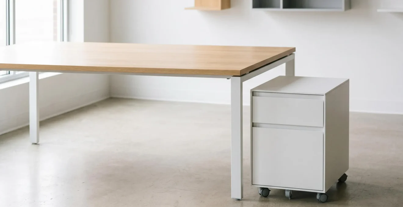 Surface de bureau épurée avec caisson mobile à roulettes positionné stratégiquement, illustrant l'optimisation de l'espace de travail
