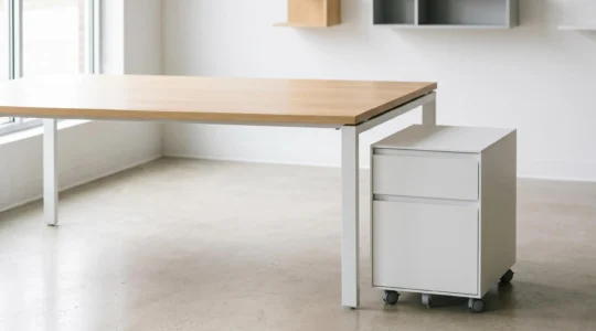 Surface de bureau épurée avec caisson mobile à roulettes positionné stratégiquement, illustrant l'optimisation de l'espace de travail