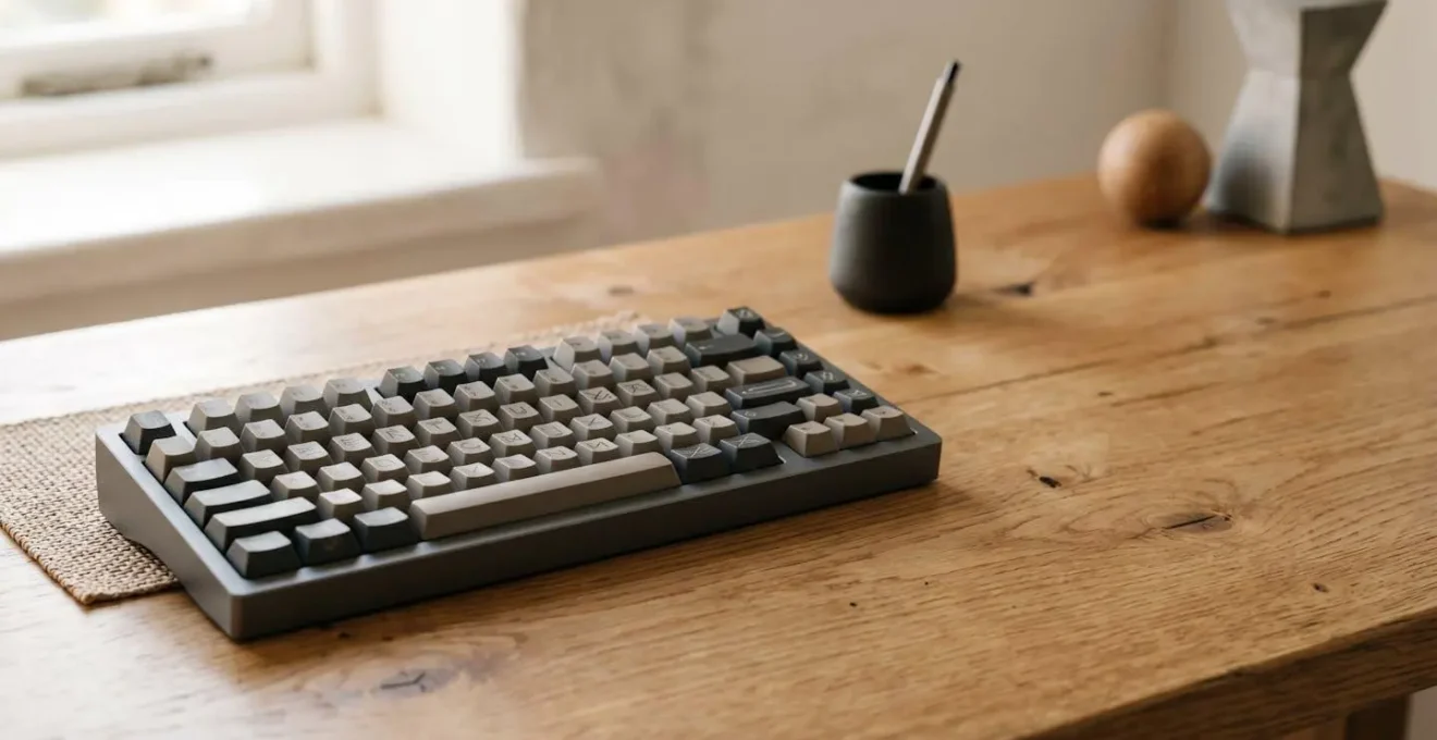 Clavier mécanique compact posé sur un bureau minimaliste avec espace de travail optimisé