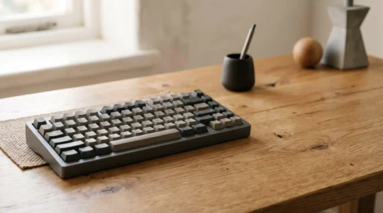 Clavier mécanique compact posé sur un bureau minimaliste avec espace de travail optimisé