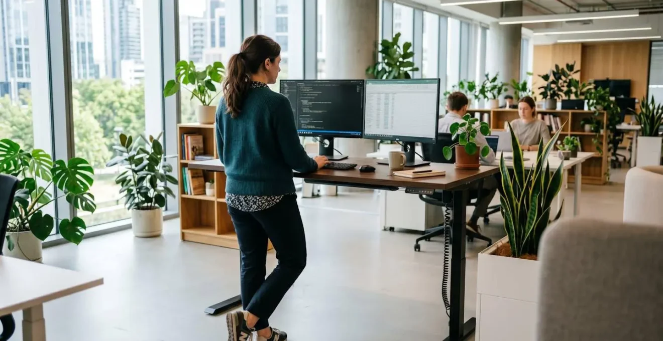 Vue de dos d'un collaborateur en chemise travaillant debout à un bureau électrique réglable en hauteur dans un open space lumineux