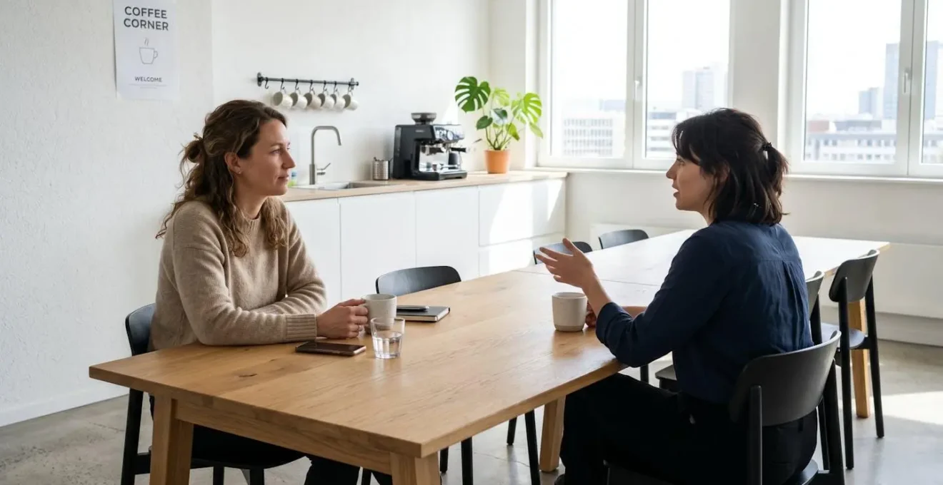 Deux collaborateurs de profil en pause-café autour d'une table de réfectoire contemporaine dans une salle lumineuse, ambiance décontractée