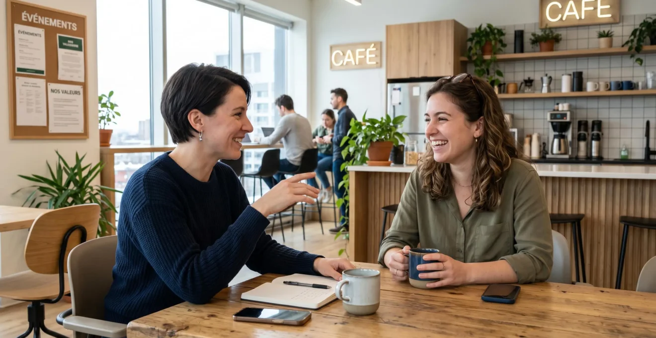 Deux collègues en discussion informelle autour d'une table de pause moderne, vus de profil dans un espace lumineux