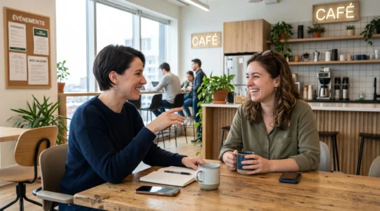 Deux collègues en discussion informelle autour d'une table de pause moderne, vus de profil dans un espace lumineux