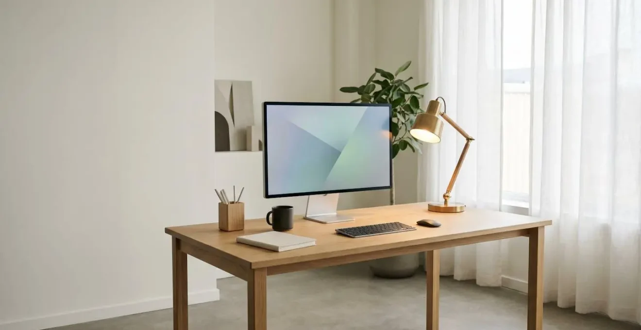 Installation ergonomique de bureau avec éclairage optimal, écran positionné perpendiculairement à une fenêtre dans un environnement de travail apaisant