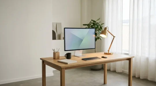 Installation ergonomique de bureau avec éclairage optimal, écran positionné perpendiculairement à une fenêtre dans un environnement de travail apaisant