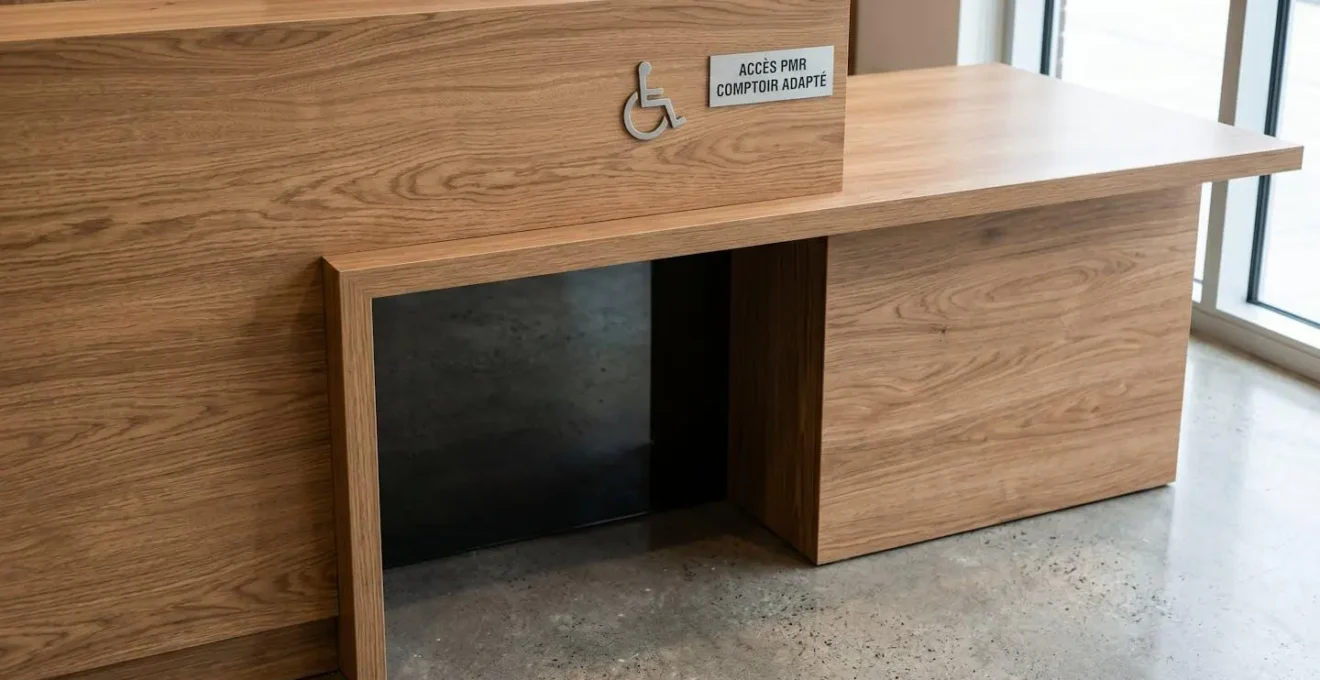 Vue rapprochée du vide en partie inférieure d'une banque d'accueil montrant l'espace libre pour le passage des jambes