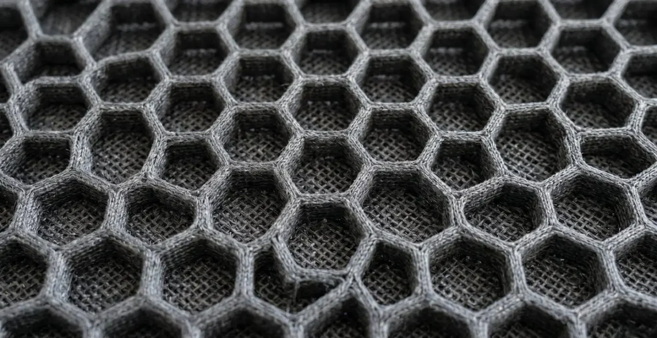 Gros plan sur la texture d'un panneau acoustique professionnel gris anthracite avec motif alvéolé, posé sur une surface de bureau contemporaine