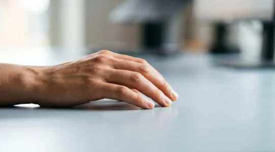 Main en position naturelle sur espace de travail ergonomique, symbolisant la prévention des troubles musculosquelettiques au bureau