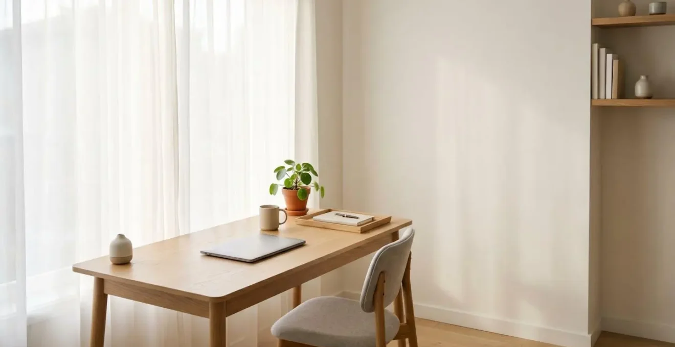 Bureau moderne éclairé par lumière naturelle diffuse à travers voilage blanc, ambiance lumineuse douce sans éblouissement