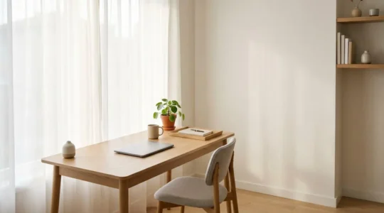 Bureau moderne éclairé par lumière naturelle diffuse à travers voilage blanc, ambiance lumineuse douce sans éblouissement