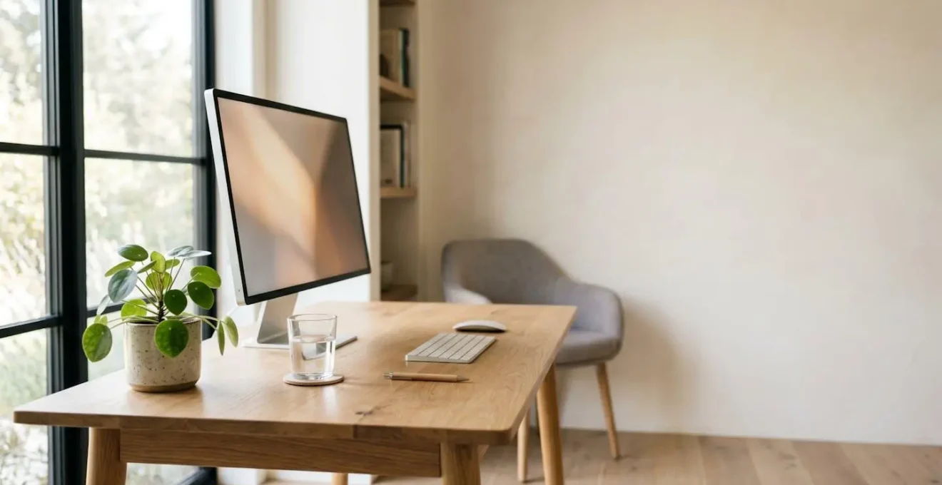 Espace de travail moderne avec écran d'ordinateur en gros plan, ambiance naturelle et épurée illustrant la fatigue oculaire liée au travail sur écran
