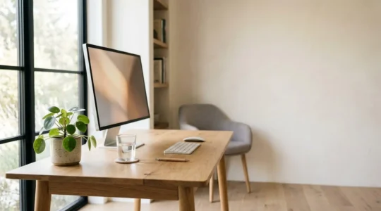 Espace de travail moderne avec écran d'ordinateur en gros plan, ambiance naturelle et épurée illustrant la fatigue oculaire liée au travail sur écran