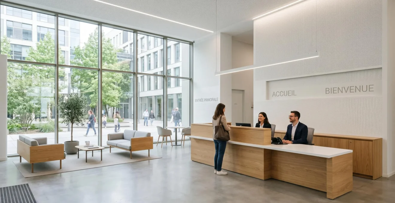 Hall d'accueil professionnel moderne avec banque d'accueil abaissée dans un environnement lumineux et épuré