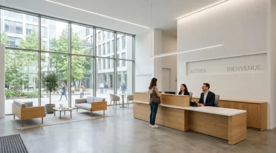 Hall d'accueil professionnel moderne avec banque d'accueil abaissée dans un environnement lumineux et épuré