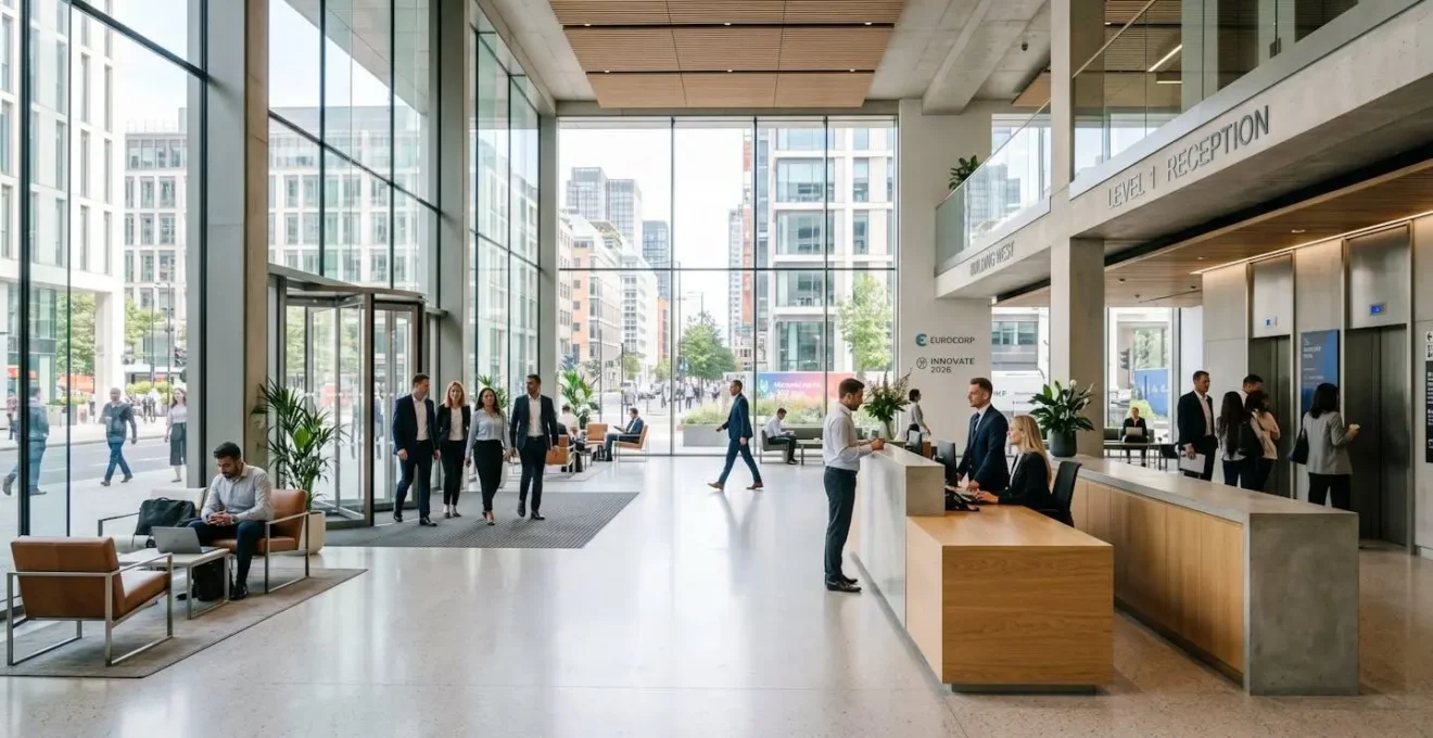 Hall d'entrée d'entreprise moderne avec banque d'accueil contemporaine, larges baies vitrées et lumière naturelle abondante