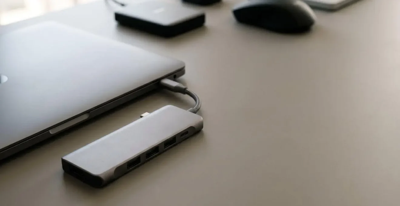 Hub USB-C moderne connecté à un MacBook avec plusieurs périphériques dans un environnement de travail professionnel épuré