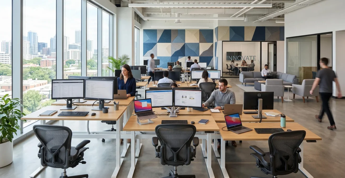 Vue d'ensemble d'un open space contemporain avec bureaux ergonomiques, sièges ajustables et panneaux acoustiques muraux sous lumière naturelle