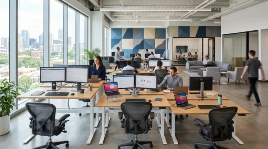 Vue d'ensemble d'un open space contemporain avec bureaux ergonomiques, sièges ajustables et panneaux acoustiques muraux sous lumière naturelle