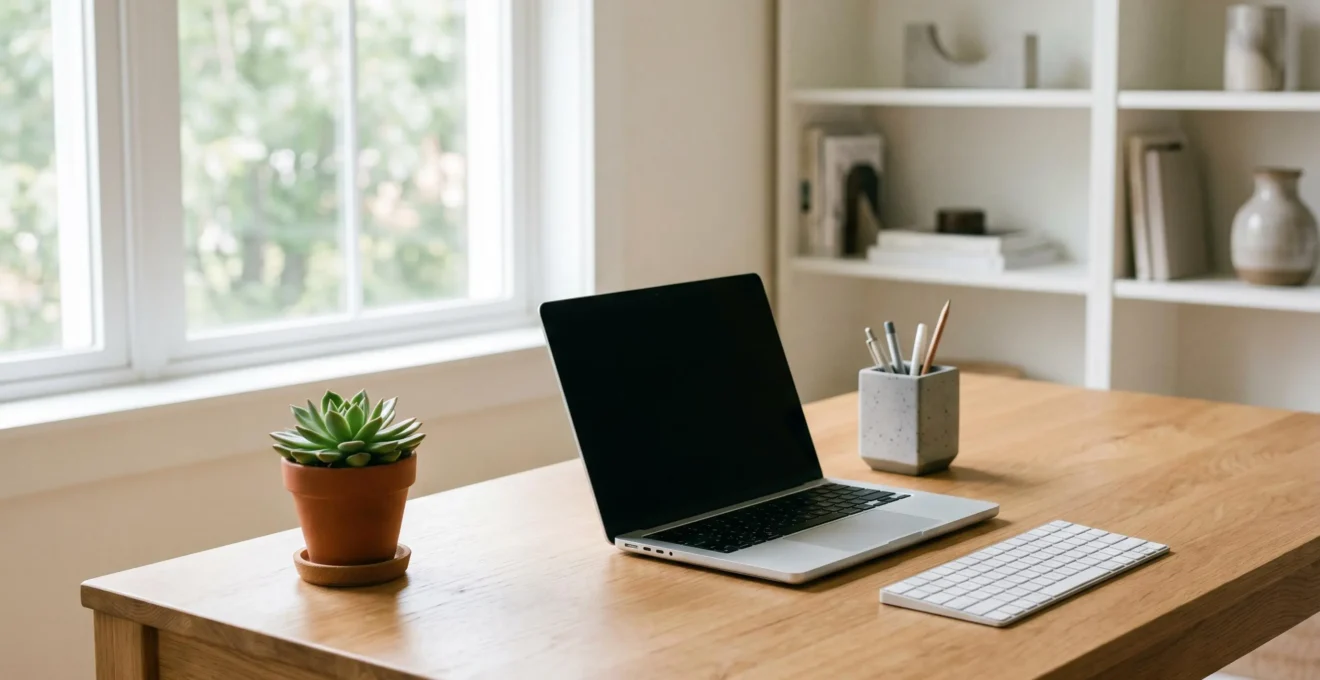 Espace de travail moderne avec ordinateur performant et organisation optimisee pour la productivite