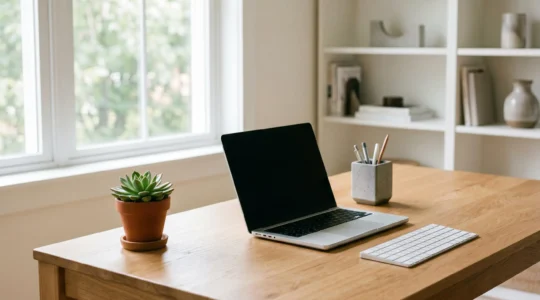 Espace de travail moderne avec ordinateur performant et organisation optimisee pour la productivite