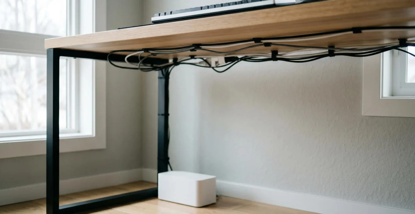 Espace de travail épuré avec câbles organisés sous le bureau