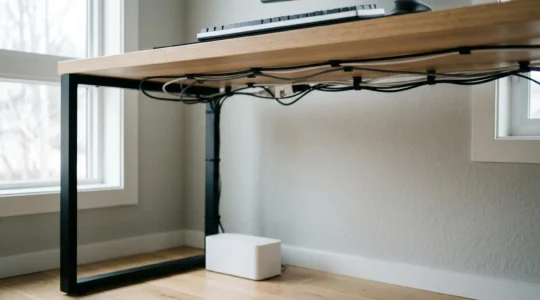 Espace de travail épuré avec câbles organisés sous le bureau