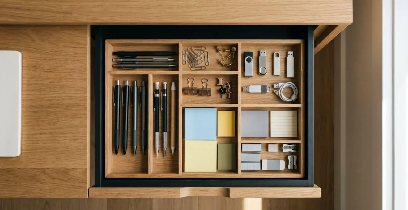 Tiroir de bureau parfaitement organisé avec compartiments délimitant zones fonctionnelles et accessoires visibles