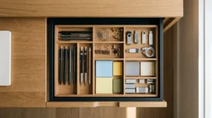 Tiroir de bureau parfaitement organisé avec compartiments délimitant zones fonctionnelles et accessoires visibles
