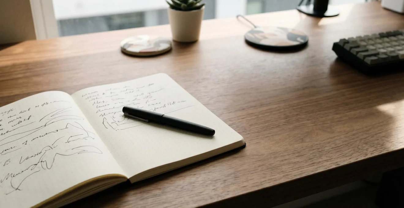 Carnet ouvert à points avec stylo sur un bureau minimaliste moderne