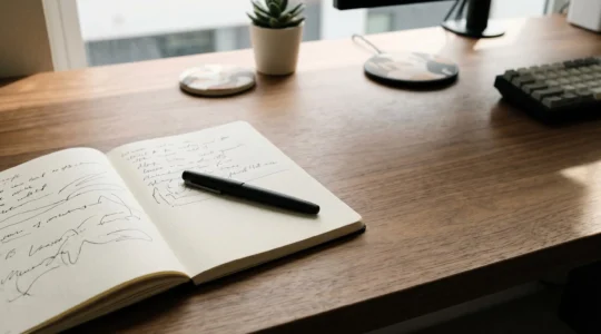 Carnet ouvert à points avec stylo sur un bureau minimaliste moderne