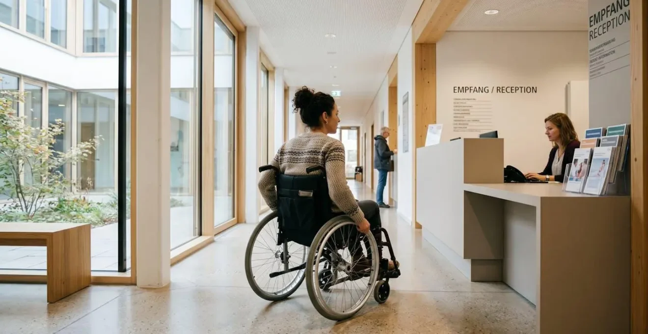 Personne en fauteuil roulant vue de dos approchant une banque d'accueil abaissée dans un hall professionnel lumineux